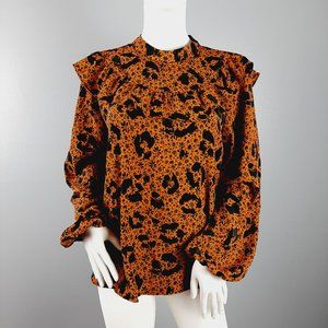 Topshop Women's Pullover Blouse Size 10 Orange Black Floral Print Ruffle Top